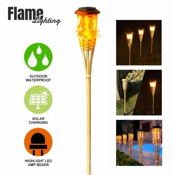 Solar 5-LED Flickering Amber Bamboo Tiki Torch Landscape Light