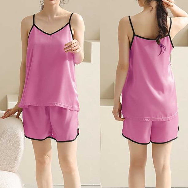 Karight Sleepwear for Womens Straps Tank Top Shorts 2 Piece Pajamas Lace Faux Silk Nightgowns Plain Match Thin Pjs Sets