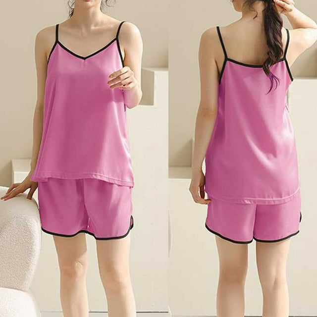 Karight Sleepwear for Womens Straps Tank Top Shorts 2 Piece Pajamas Lace Faux Silk Nightgowns Plain Match Thin Pjs Sets