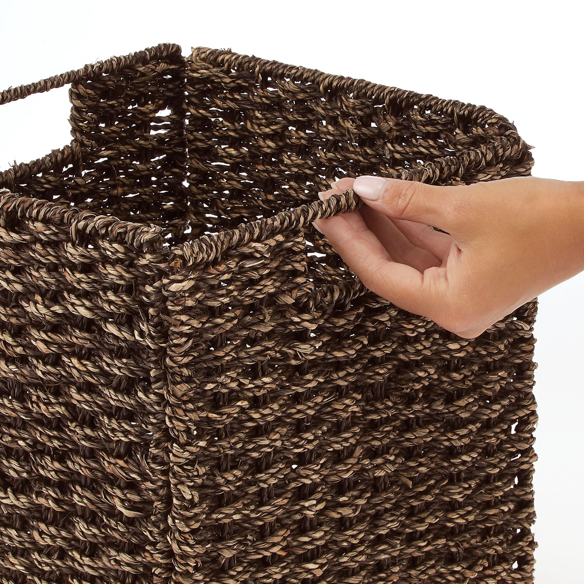 mDesign Seagrass Woven Cube Bin Basket Organizer, Handles, 6 Pack, Brown Wash