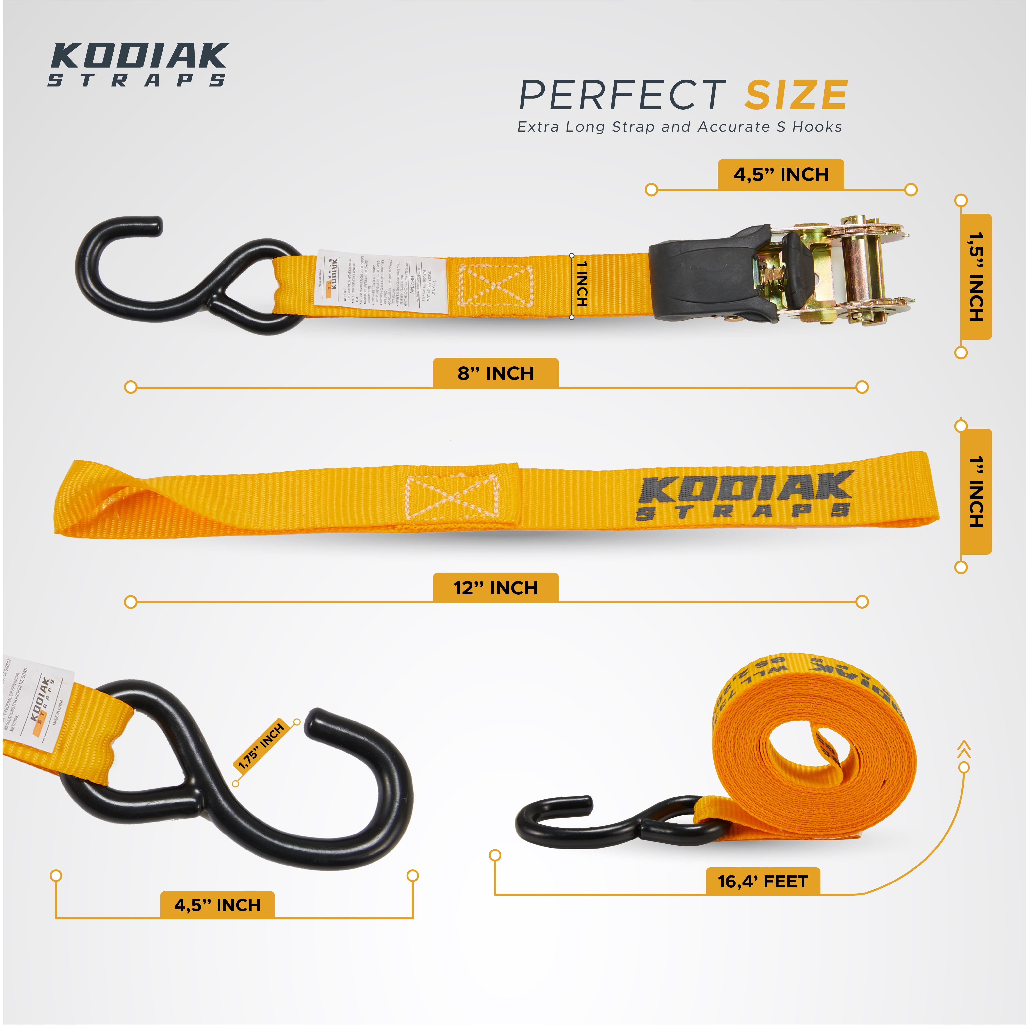 KODIAK STRAPS Ratchet Straps Heavy Duty Tie Down Strap Set 2200 Break Strength – 1" x 17' 4pk with Soft Loops Cargo Truck Bed Tie Downs – Coated Deep S-Hook & Carry Bag for Moving, Securing Cargo…