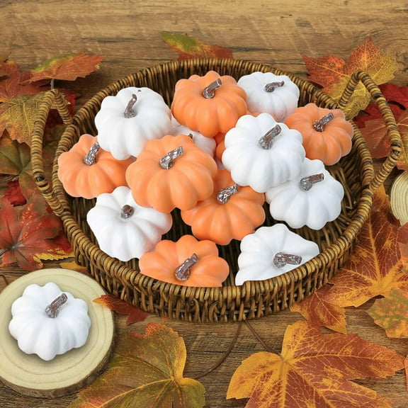 Peacheart 16 Pcs Artificial Mini Pumpkins, White and Orange Faux Foam Pumpkins for Fall Autumn Harvest Thanksgiving Halloween Party Farmhouse Home Decor