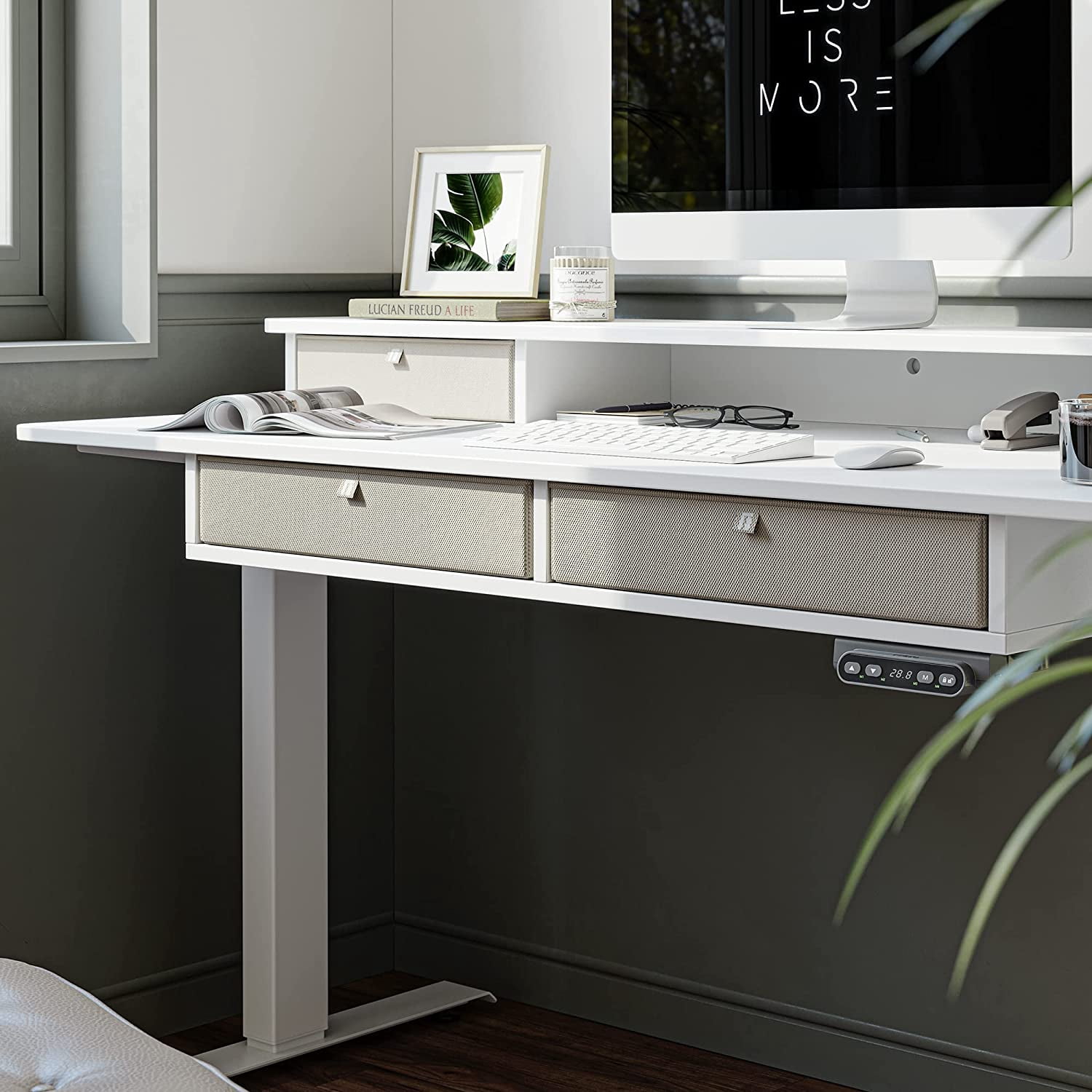 FEZIBO 48 x 24 Inch Height Adjustable Electric Standing Desk with 4 Drawers, Stand Up Table with Storage Shelf, Sit Stand Desk with Splice Board, White Frame/White Top