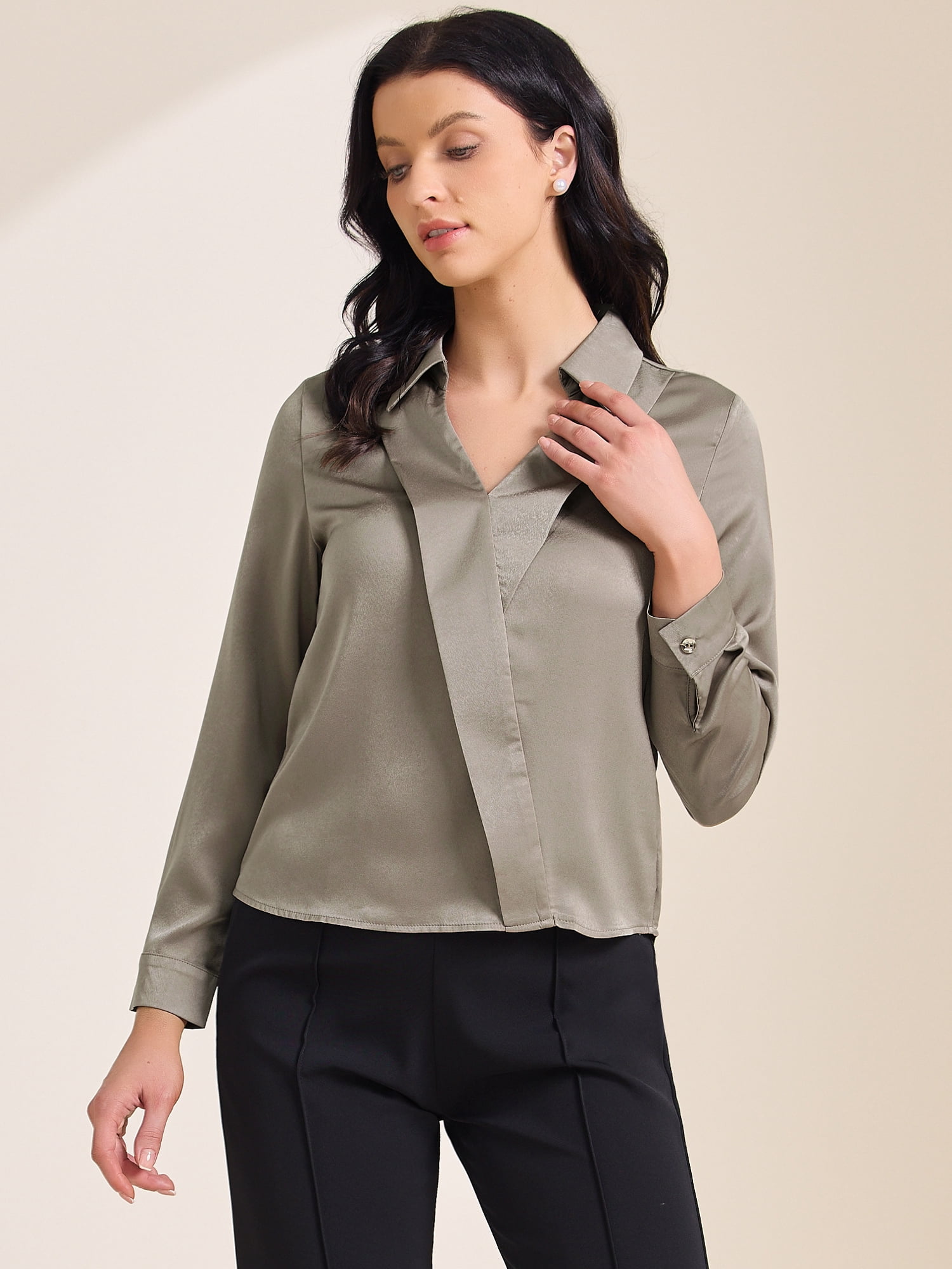 DARING DIVA Women's Satin Work Blouse Collar V Neck Long Sleeve Shirt S Dark Khaki