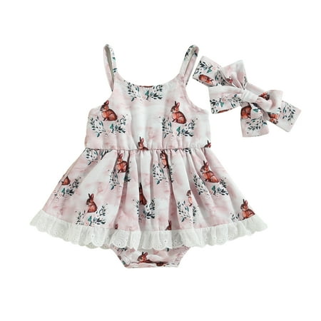 

Wassery Baby Girls Easter Romper Set Infant Floral Bunny Print A-line Dress with Headband Summer Jumpsuit Clothes 0-24M