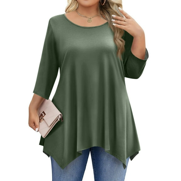 WTOBBY Plus Size Women's Solid Color Round Neck 3/4 Sleeve Tunic Top Basic Loose Fit Tee for Full Figure Comfort Everyday Fall Fashion,Army Green L