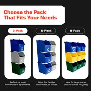 Sturdy Essentials Multi Recycling System with Three 6 Gallon Stackable Bins, 3 Pack, Blue/Grey/Green