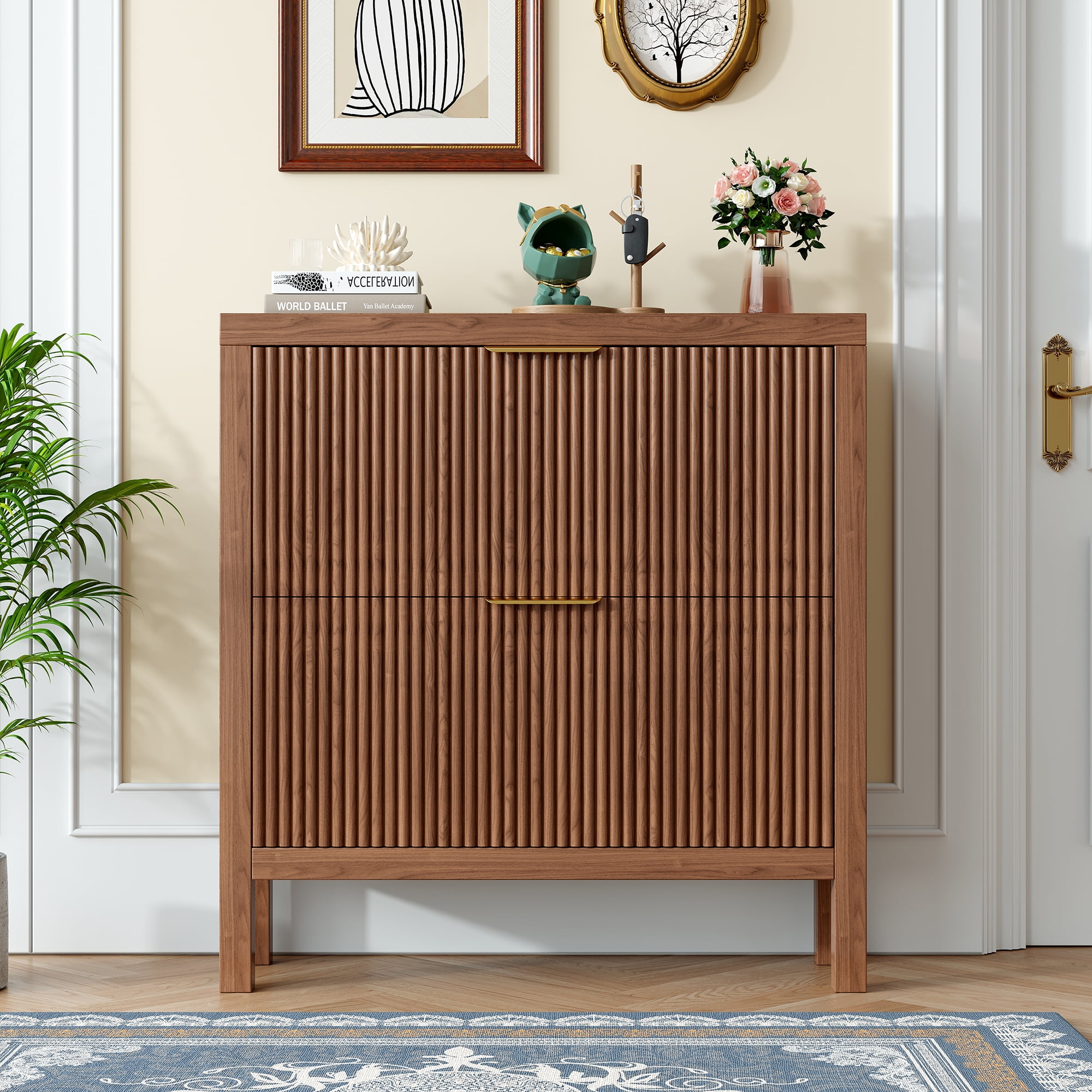 Modern Slatted Wood Shoe Organizer with Dual Flip Drawers, Slim Shoe Storage Cabinet, Wood Freestanding Organizer Shoe Rack for Entryway, Small Spaces, or Hallway, Walnut