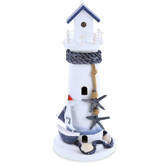 CoTa Global Ocean Blue Lighthouse Decor - Handmade and Crafted Wooden Lighthouse Decoration with Blue Starfish and Sailboat Figure Decorative Beach Style Tabletop Centerpiece - Handmade Color May Vary