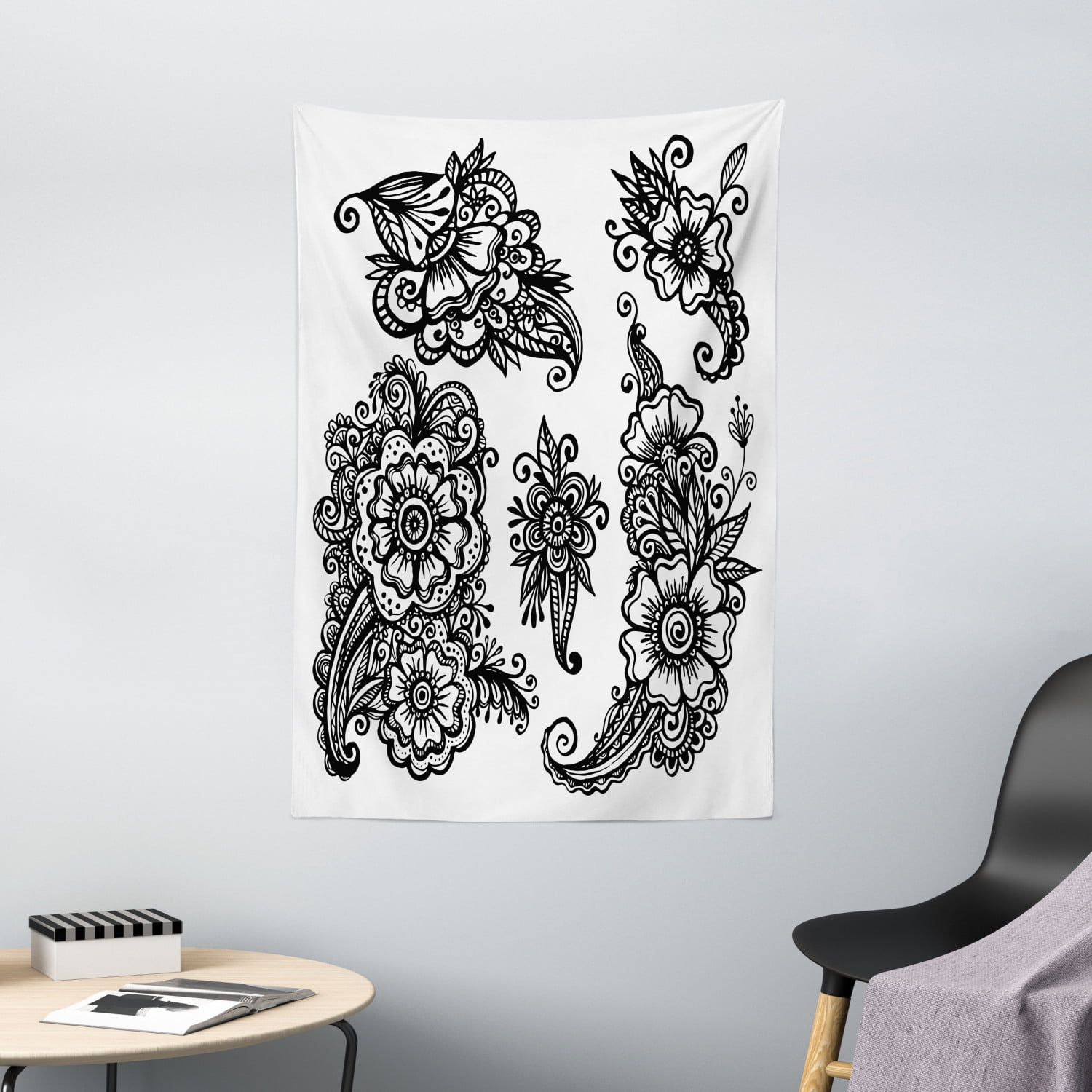 Henna Tapestry, Hand Drawn Style Vintage Mehndi Compositions Blossoming