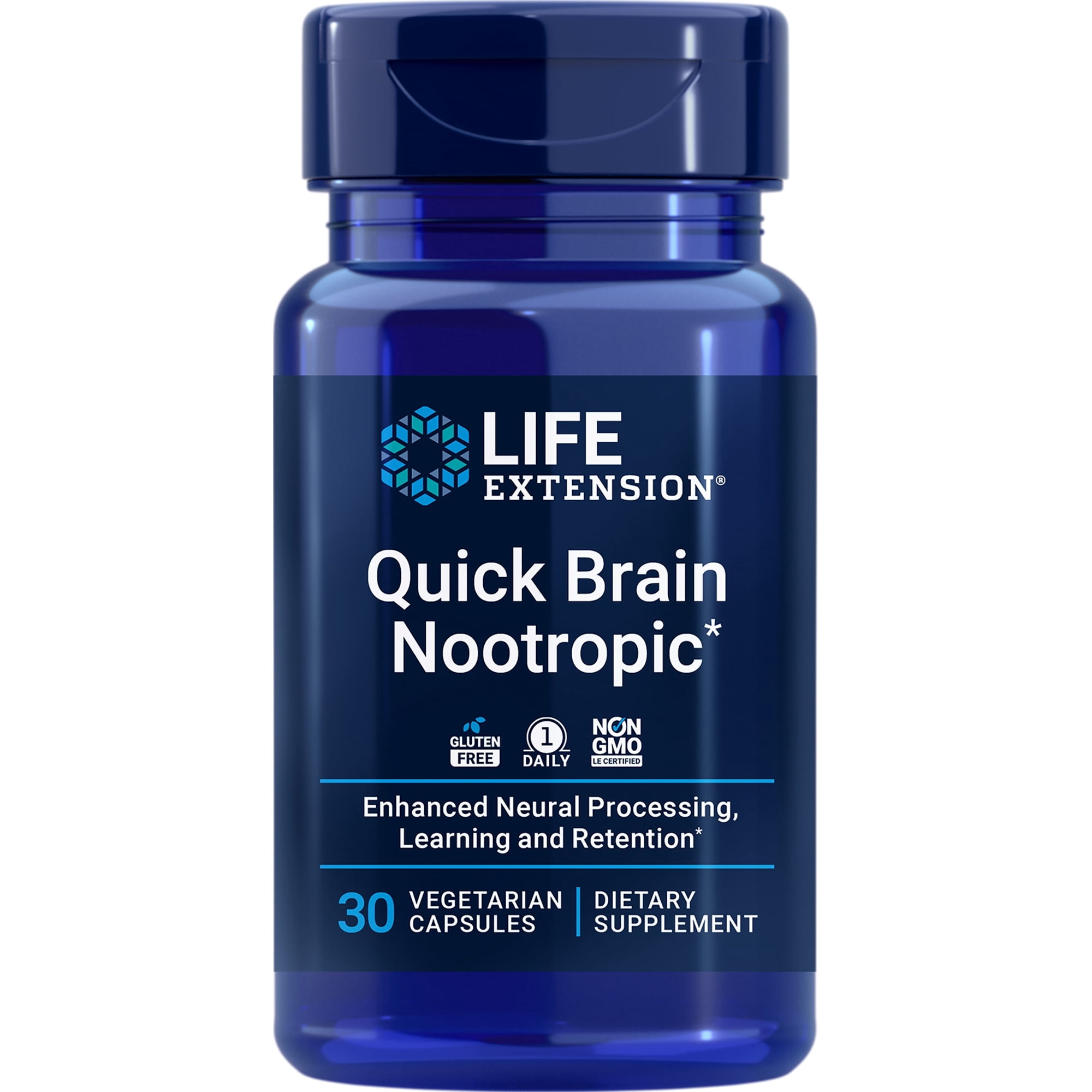 Life Extension Quick Brain Nootropic, fast thinking, learning, concentration, lutein, zeaxanthin, gotu kola, bacopa, gluten free, non-GMO, vegetarian, 1 daily, 30 capsules