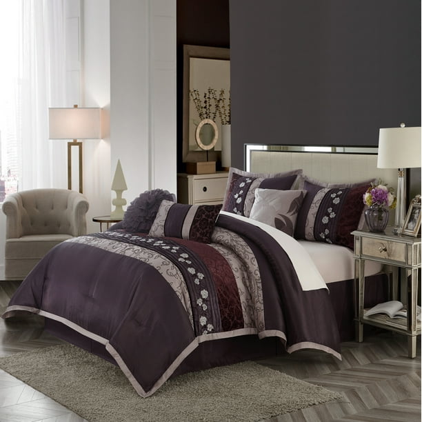 Gennie Fl 7 Piece Comforter Set, Purple King Bed Set
