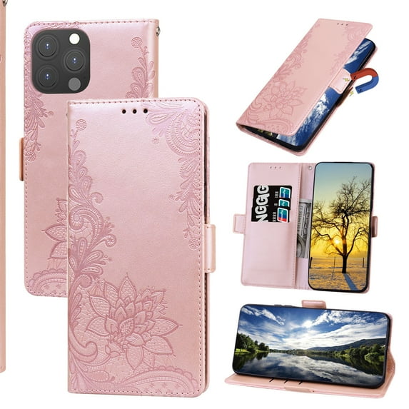 Nalacover Wallet For iPhone 14 Pro 6.1 inch Case,Full Protection Embossed Lotus Pattern PU Leather Flip Kickstand Card Slots Shockproof Magnetic Cover with Wrist Strap.For iPhone 14 Pro,Rosegold