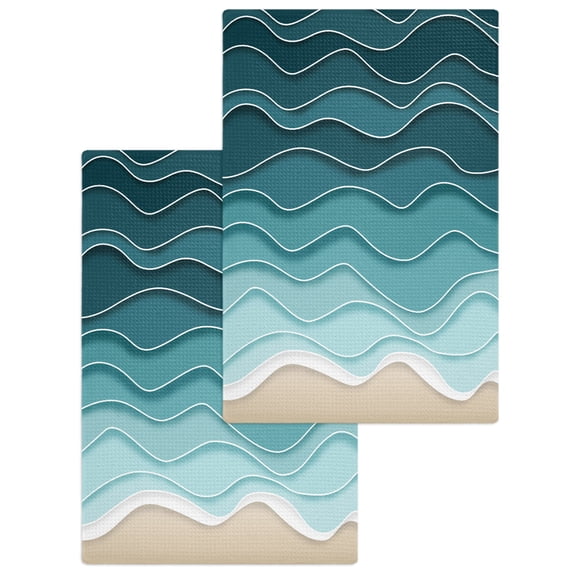 Turquoise Waves Kitchen Dish Towels for Drying Dishes Set of 2, Simple Ombre Abstract Sea Waves Art Waffle Weave Microfiber Hand Tea Bathroom Towels Quick Dry & Absorbent Towel 15.7x23.6