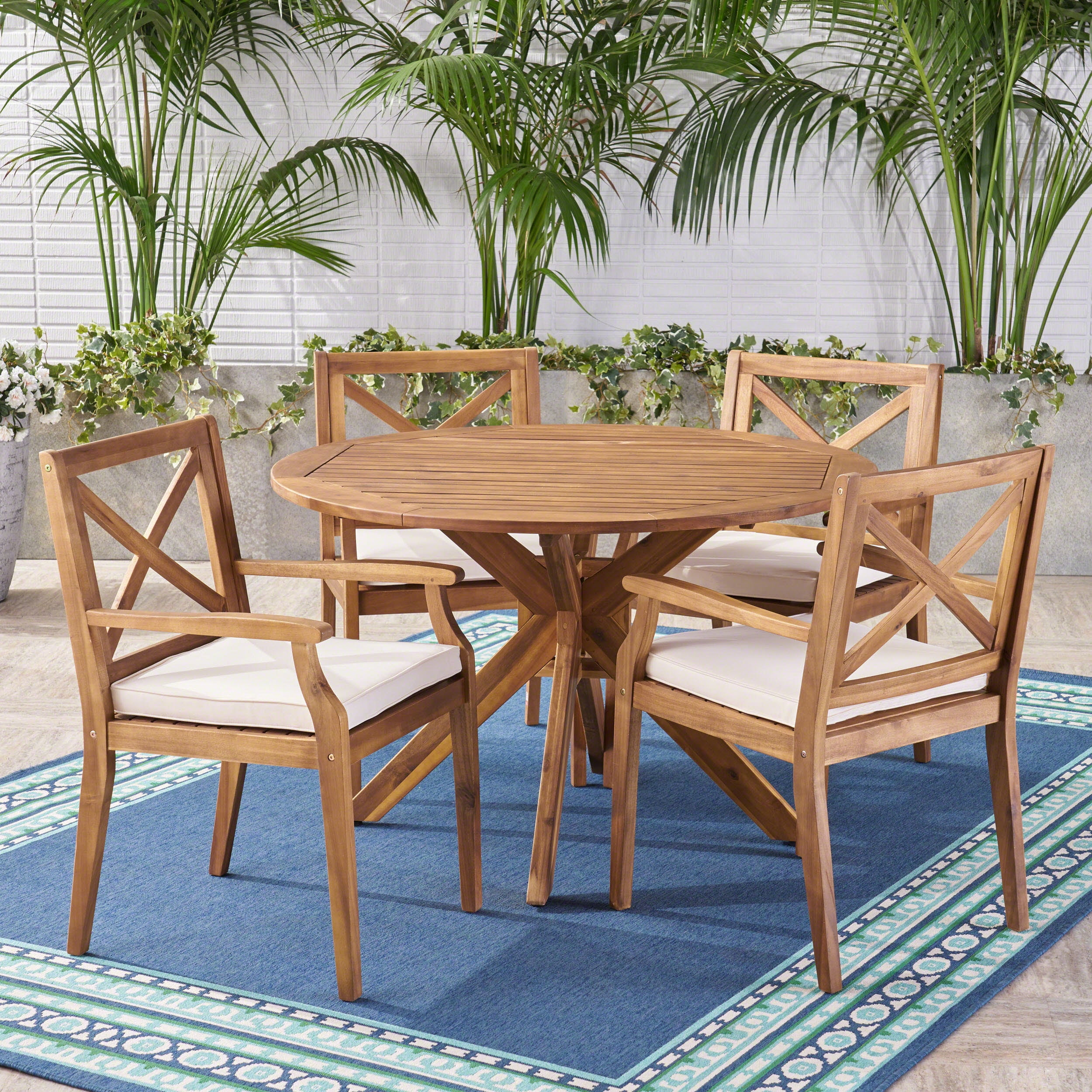 Noble House Llano 5 Piece Wooden Round Patio Dining Set in Teak and Creme