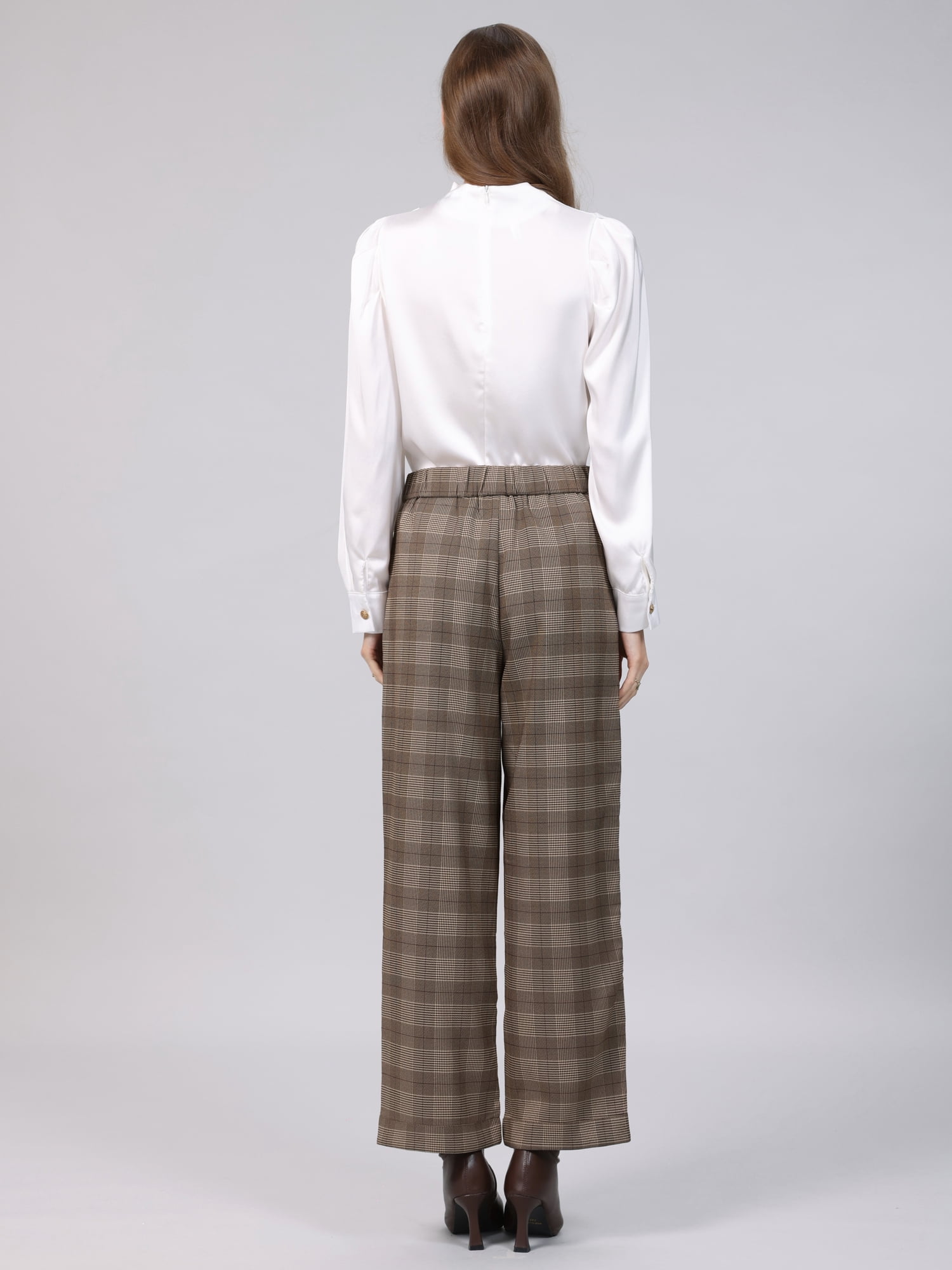 DARING DIVA Women's Plaid Work Pant High Waist Houndstooth Trousers XL Brown