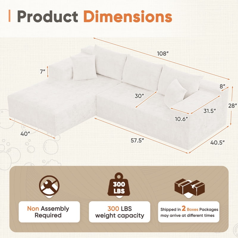 Homall 108" Sectional Sofa Boneless Cloud Couch with L-Shape Chaise Modular Sofa Couch with Deep Seat No Assembly for Living Room,Studio,Apartment,Chenille Beige
