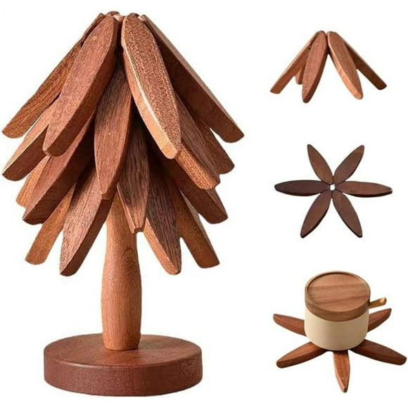 Tree Coasters Wooden Foldable Trivets Set of 3, Heat Resistant Tree Shaped Table Insulation Mats for Hot Dishes/Pot/Pans/Teapot, Walnut Color