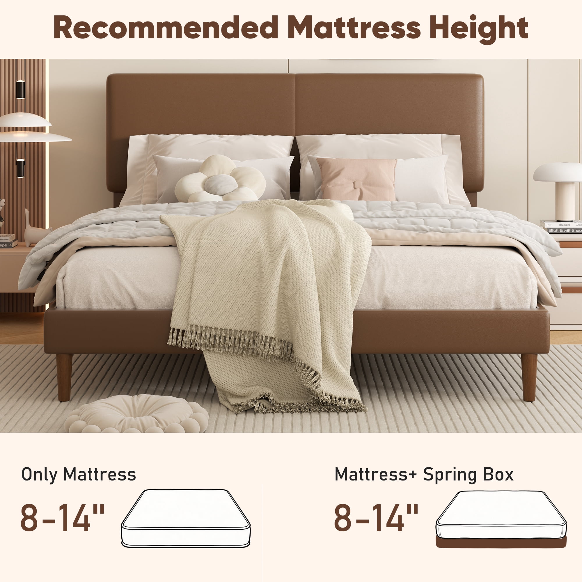 Frostbloom Queen Size Faux Leather Platform Bed Frame with Adjustable Headboard, Dark Brown
