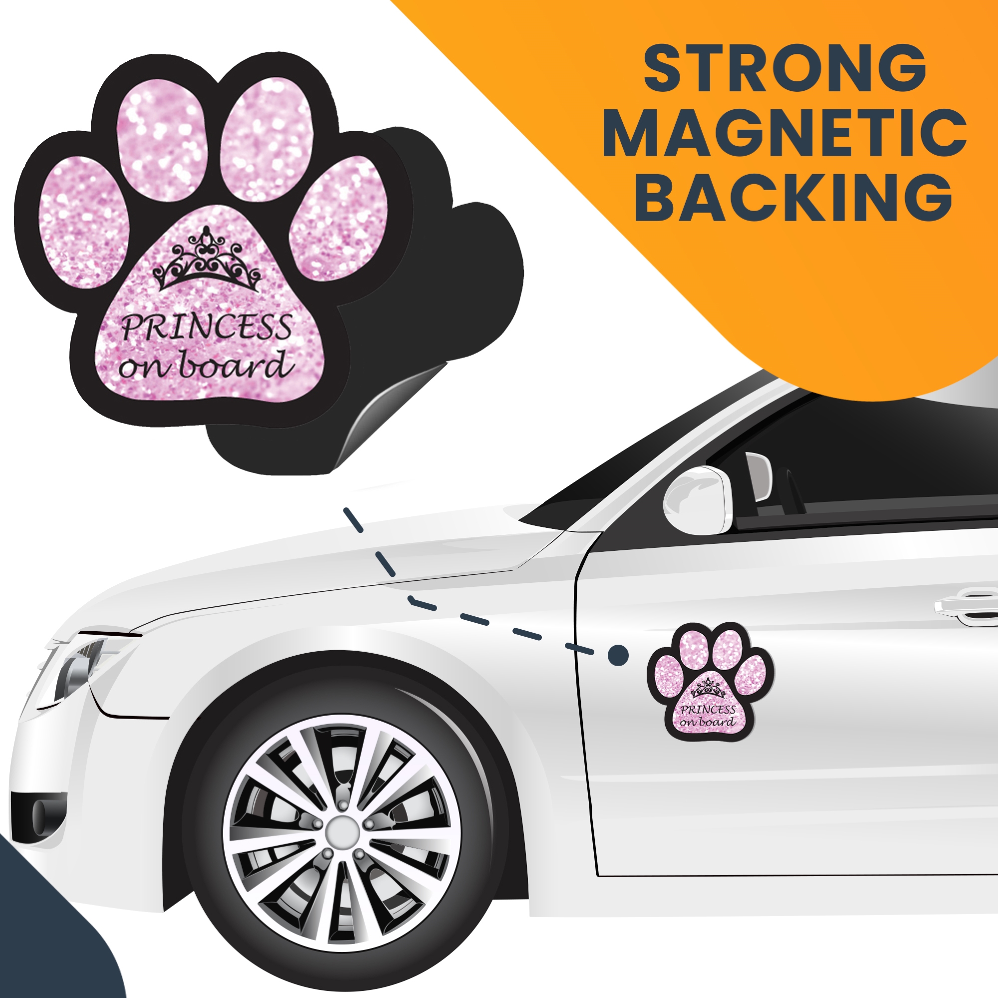 Magnet Me Up Princess On Board Pink Sparkly Pawprint Car Magnet - 5 Inch, Flexible Vinyl, USA Made