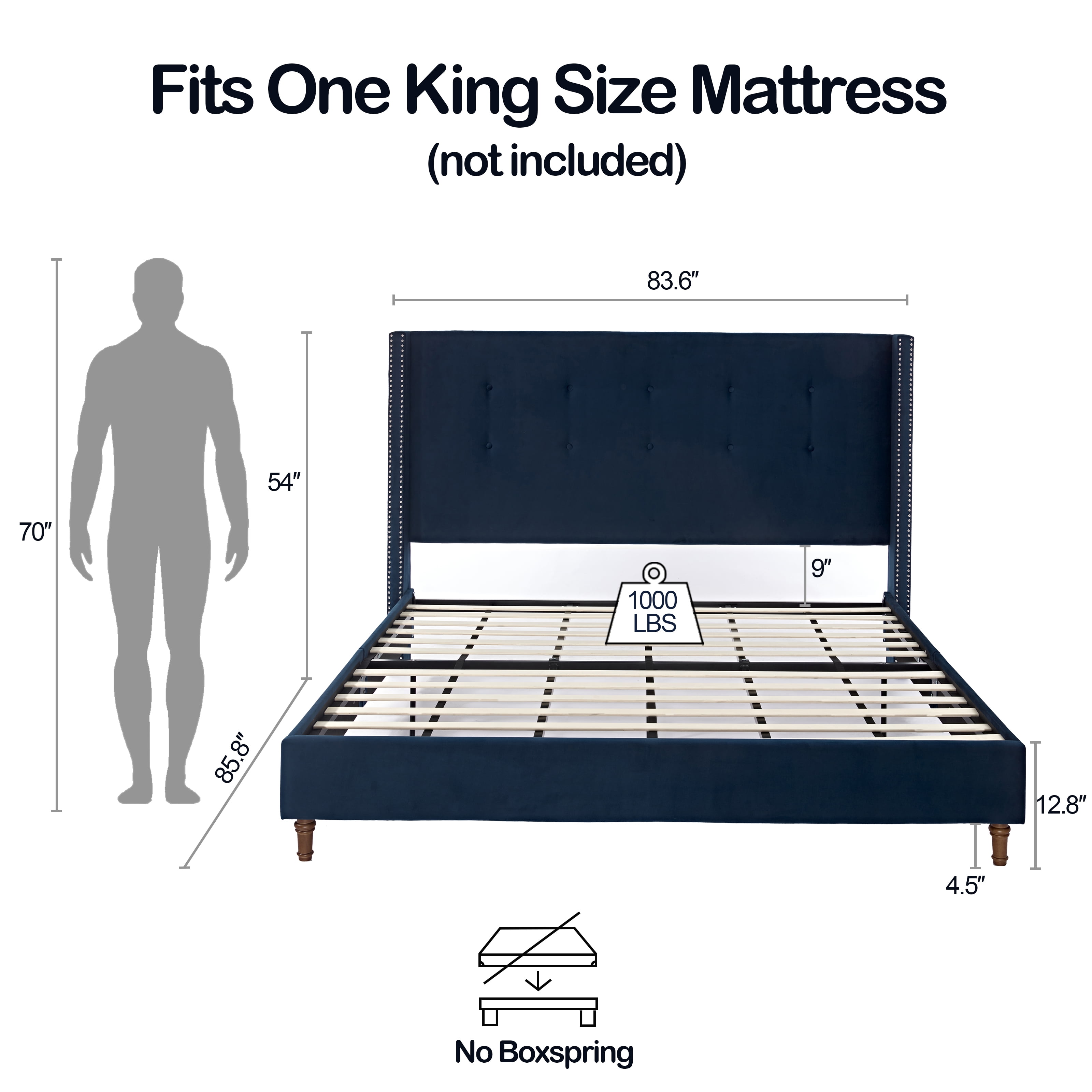 Miniyam King Size Platform Bed Frame with 54" High Wingback Headboard, Tufted & Nailhead Trim, Blue