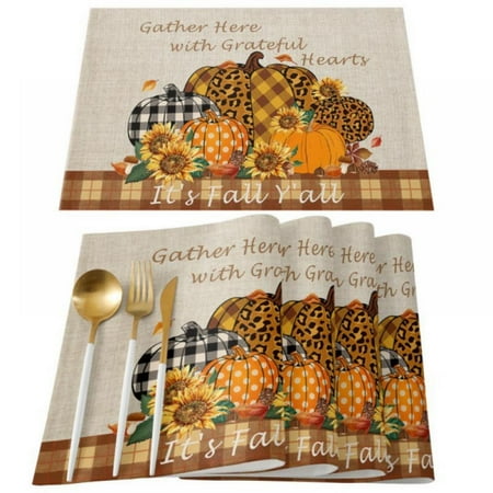 

Harvest Thanksgiving Cotton Linen Set of 4 Placemats for Dining Table Kitchen Wedding Everyday Use Dinner Parties Autumn/Winter (13 x19 )