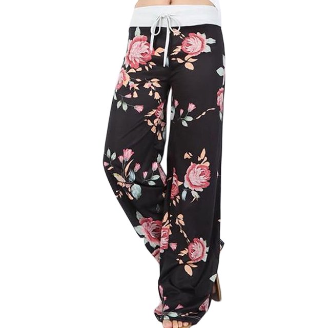 Women's High Waist Casual Floral Print Drawstring Wide Leg Pants