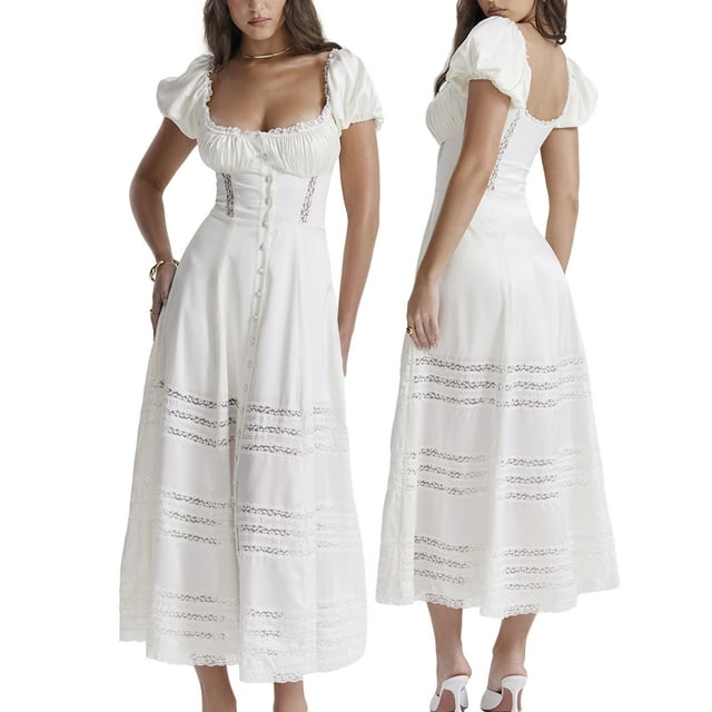 WIFORNT Femmes Robe Longue, Élégant Cou Carré à Manches Courtes Robe d'Été Swing Robe Patchwork Transparente