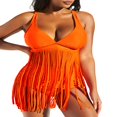 thumbnail image 1 of Women Summer 2Pcs Bikini Sets Solid Color Bathing Suit Fringe Halter Neck Bikini Top High Waist Bottom Plus Size Beachwear, 1 of 6