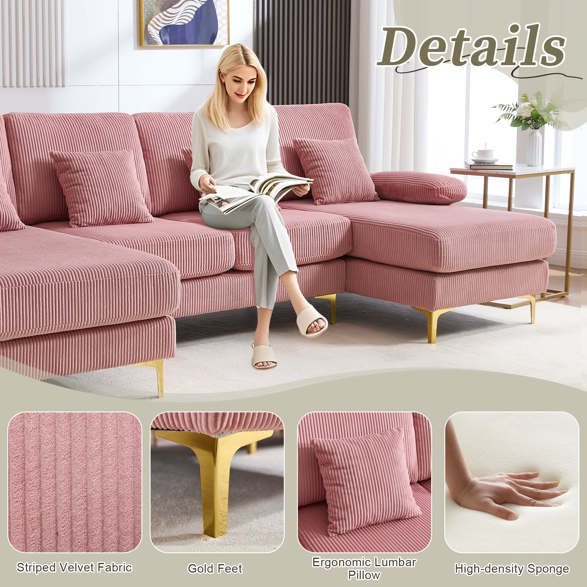 MOONMISS Corduroy Upholstered U-shaped Adjustable Light Modular Sectional Sofa With Type-C and USB ports-Pink