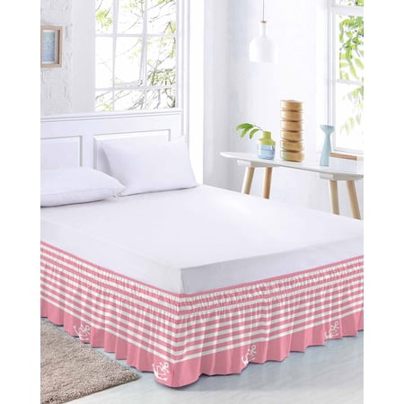 Vintage Anchor Texture Bed Skirt Queen Size 18 Inch Drop, Pink Stripes Geometric Classic Adjustable Elastic Dust Ruffles Bedskirt for Queen Bed Wrap Around Pleated Mattress Frame Cover