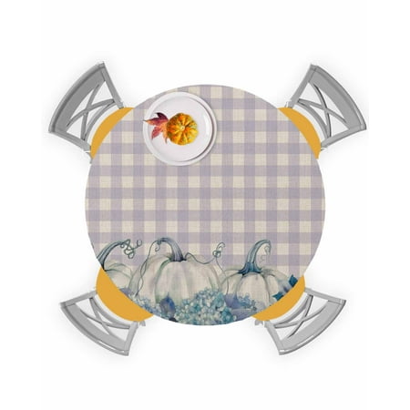 

Round Tablecloth with Elastic Fall Thanksgiving Pumpkin Hydrangea Purple Plaid Linen Waterproof Stain-proof Table Cover Wipeable Fitted Table Cloths for 55 -60 Round Tables Dining Kitchen