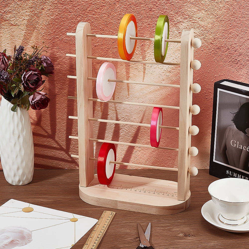 7-Tier Wooden Ribbon Organizer Rack Spool Holder Storage Ribbons Storage Stands Thread Organizer Holder Crochet Roll Display Shelf