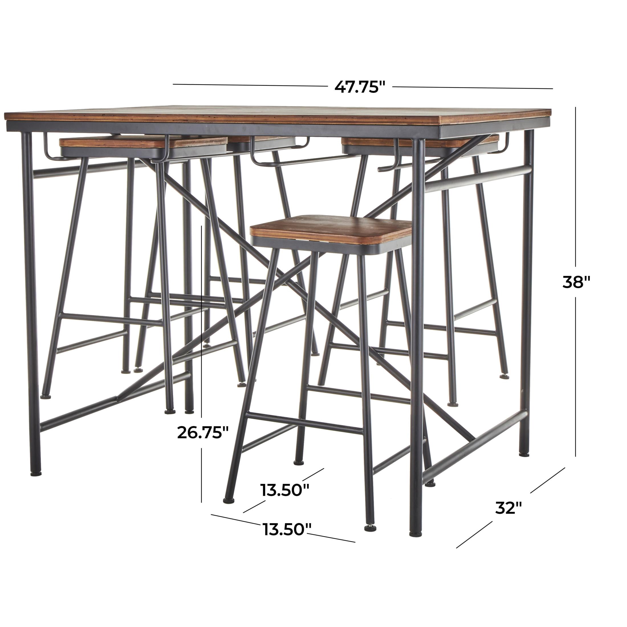 DecMode 14" x 27" Black Metal Compact Suspended Storage Dining Table with Brown Wood Tabletop and 4 Stools, 5-Pieces
