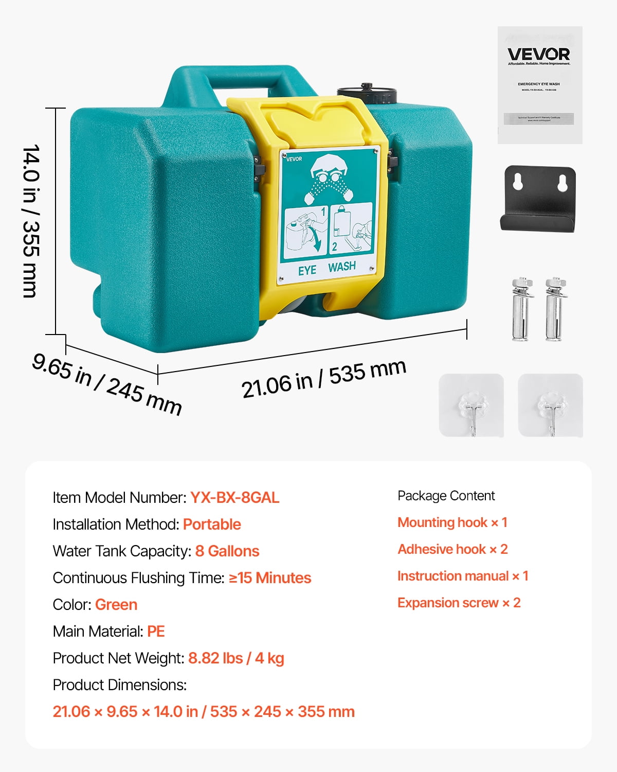 VEVOR Portable Eye Wash Station 8 Gal, OSHA-Approved Eyewash Station Wall-Mounted/On Flat Surface, Emergency Eye Wash Unit with 2 Sprays, First Aid Eyewash Units for Schools, Labs, Factories, Green