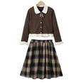thumbnail image 4 of LEKWK Girls Preppy School Outfit Set Long Sleeve Knit Cardigan with Contrast Collar and Vintage Plaid Skirt Academy Style Clothing Set, 4 of 8