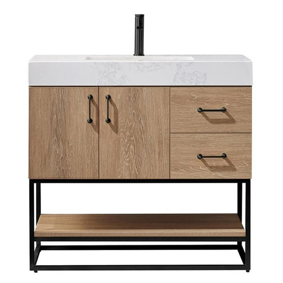 Pemberly Row 36" White Stone Top Oak Single Vanity Black Frame w/o Mirror