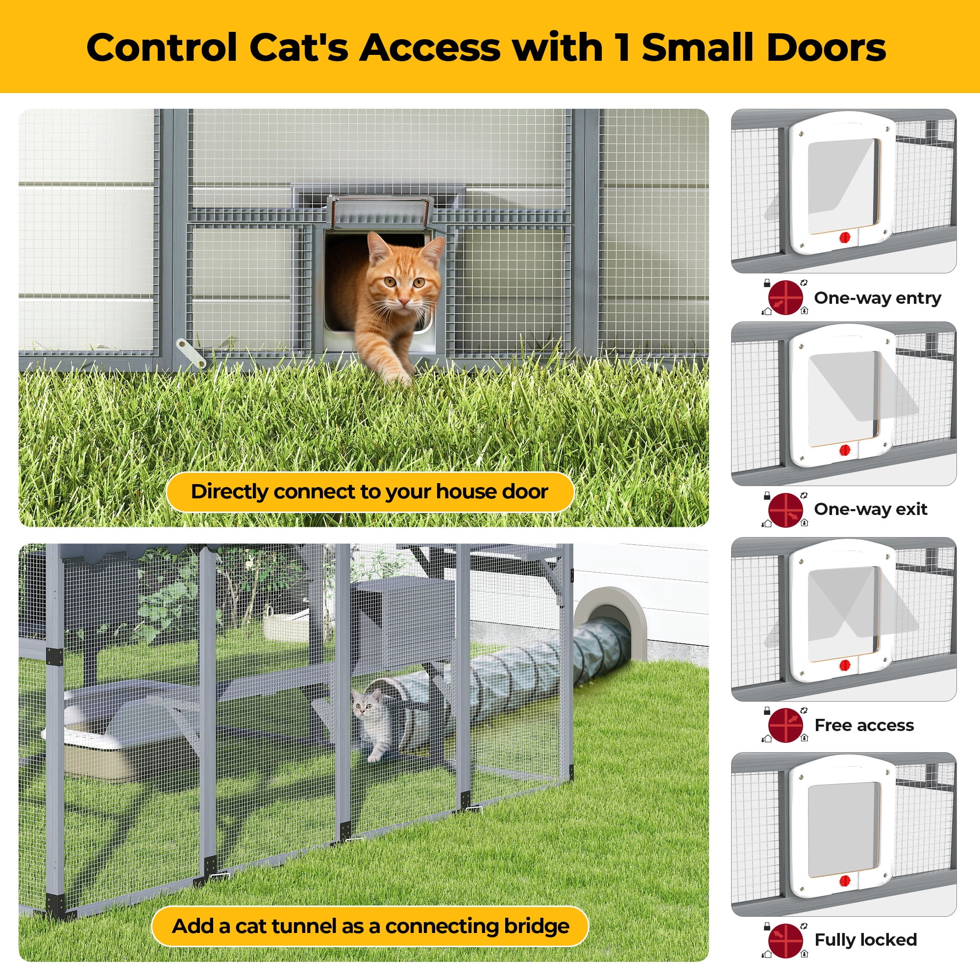 COZIWOW 108'' Super-Large Cat Catio Outdoor Wooden Cat Enclosure with Platforms, Condos, Bridges, Walk-in Door