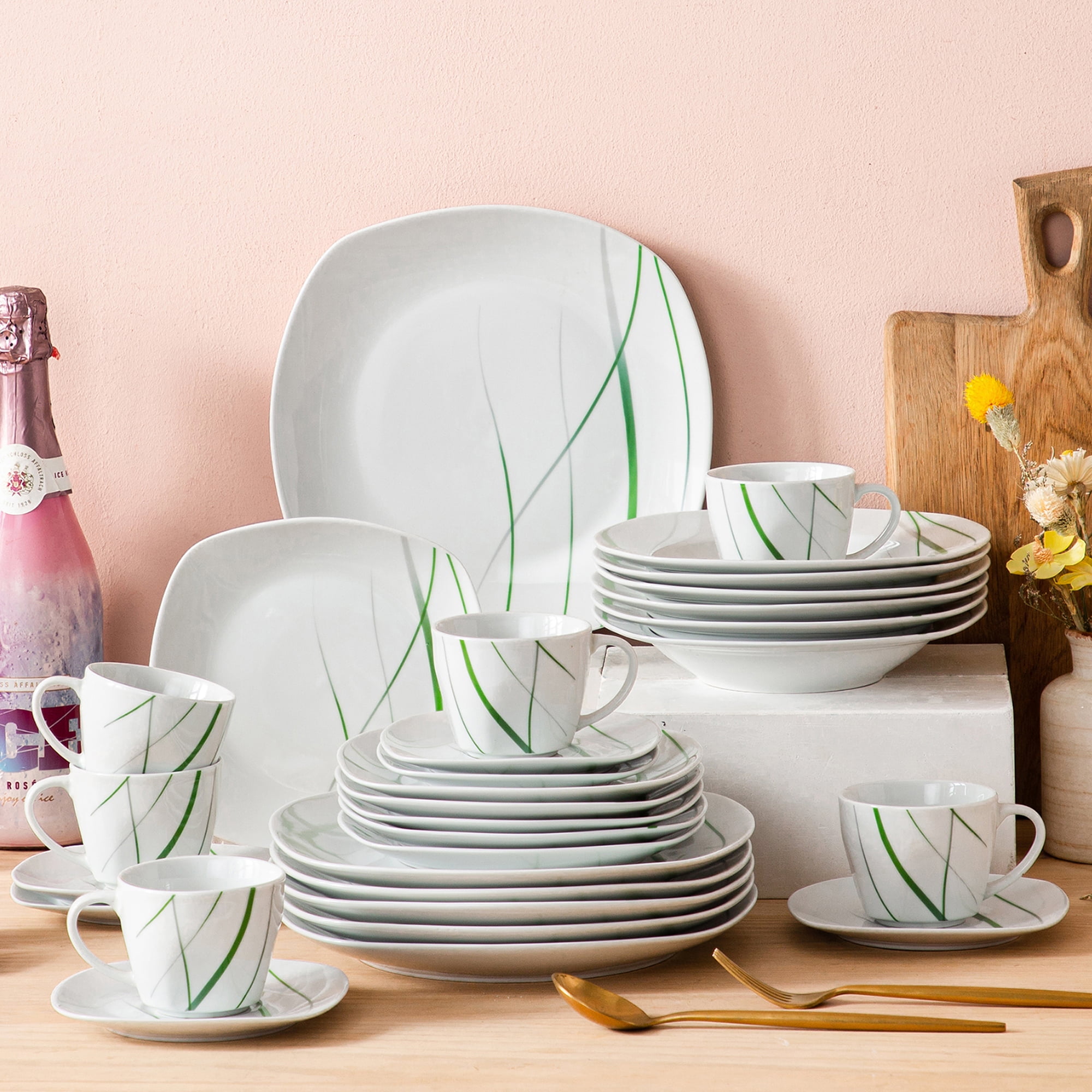 VEWEET 30-Piece Porcelain Dinnerware, Ivory White, Dishwasher Safe