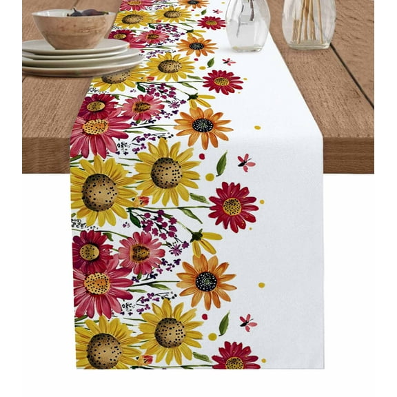 Yellow Red Spring Floral Table Runner 48 Inches, Elegant Summer Flower Bed Runner Dresser Scarves Tabletop for Indoor Outdoor Parties/Ceremony/Banquet, 13" x 48"