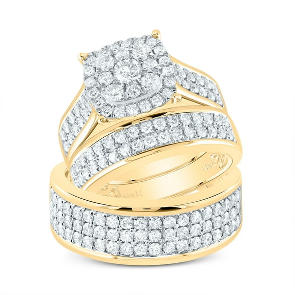 14K Yellow Gold Round Cut Diamond Men's Wedding Band & Women's Bridal Set Solitaire Floral Halo Cathedral Square Matching Trio Set 2 3/8 CT.