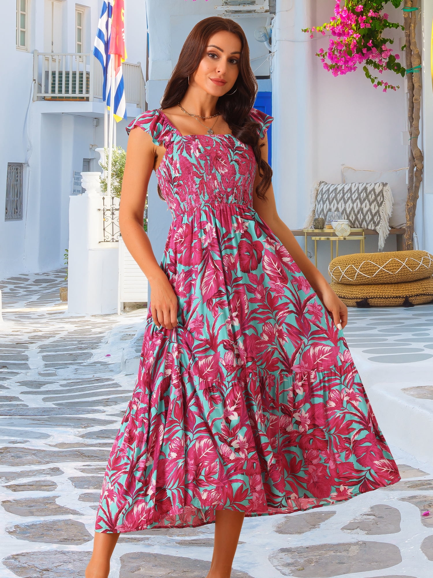 DARING DIVA Women's Floral Square Neck Ruffle Cap Sleeve Maxi Dresses S Hot Pink