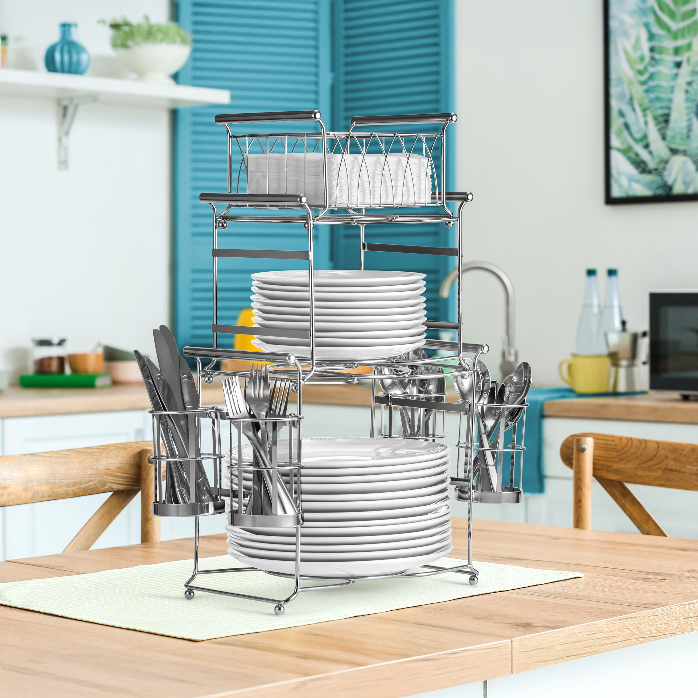 Sorbus 7-Piece Buffet Caddy Set – Stackable Silverware, Plate & Napkin Holder with 3-Tier Detachable Organizer for Kitchen, Dining, Parties & Holidays – Silver