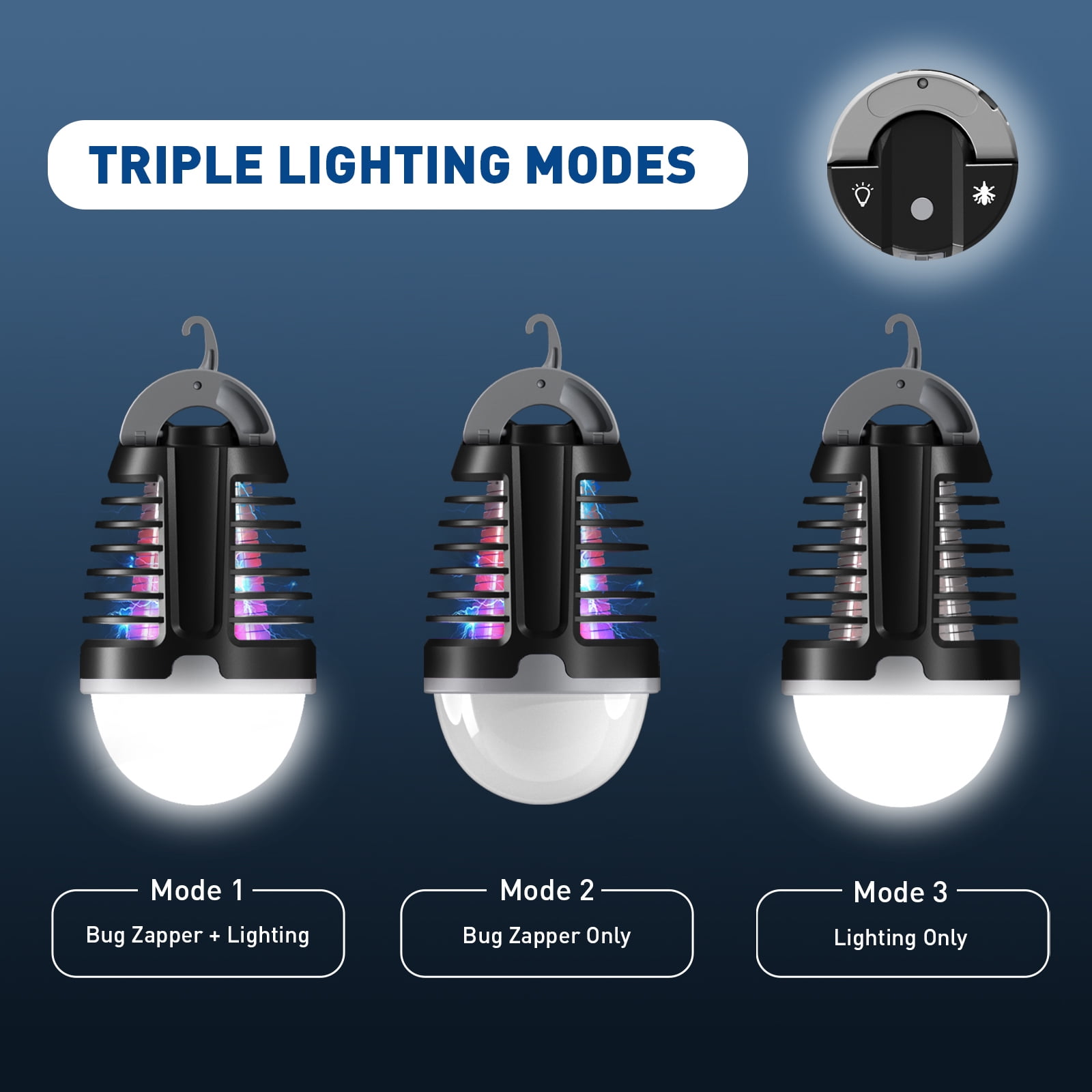 Portable Bug Zapper Outdoor Indoor, Electric Mosquito Fly Killer Lamp with Three Lighting Mode, USB Rechargeable Light Bulb Zapper for Camping, Home, Patio