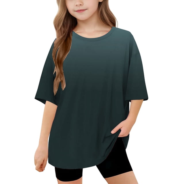 DecSea T-Shirt à Manches Courtes pour Filles, Été, Dégradé, Col Rond, Décontracté, Basique, 5-14 Ans