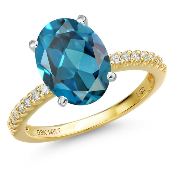 Gem Stone King 14K Two Tone Gold London Blue Topaz and Lab Grown Diamond Engagement Ring for Women | 4.36 Cttw | Oval 11X9MM | Gemstone November Birthstone| Size 6