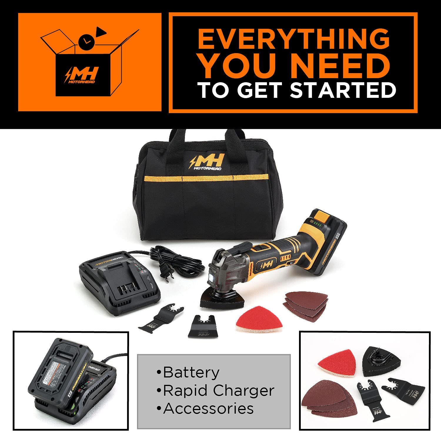 Motorhead Ultra 20V Oscillating Multi-Tool Kit with (1) 2Ah  (1) 4Ah  Batteries, Rapid Charger, Scraper, Metal/Wood Blade,  Tool Bag 