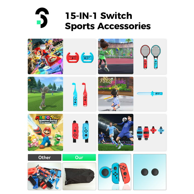 Switch Sports Accessories Bundle - 15 in 1 Kit for Nintendo Switch