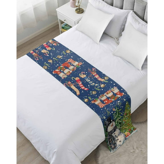 Christmas Blue Bed Runner for King Size Bed, Winter Snowmen Snowflake Xmas Tree Bedspread Protector Slipcover Bed Scarf for Foot Bed Runners & Scarves for Bedroom Hotel Wedding Room 102x20 Inches