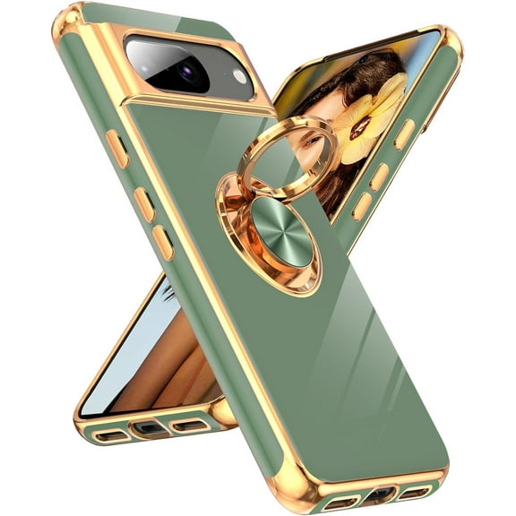 LEYI for Google Pixel 8 Phone Case, Pixel 8 Case with 360 Rotatable Ring Holder Magnetic Kickstand, Plating Rose Gold Edge Protective Google Pixel 8 Case, Green